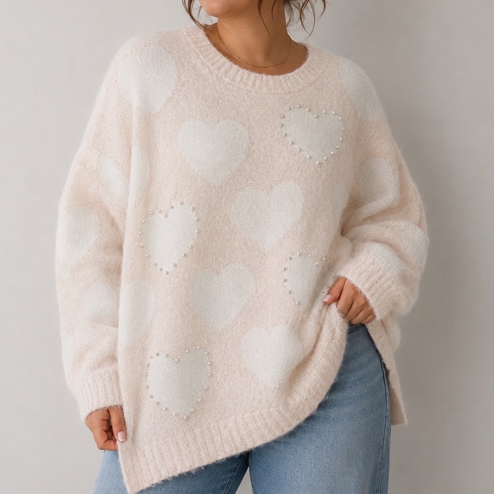 Kate & Sam XL Fuzzy Heart Pearl Sweater Soft Girl Coquette‎ Preppy Cottagecore